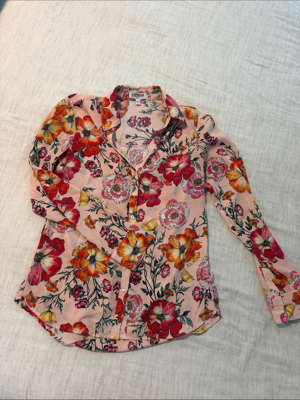 Express Pink Floral Portofino Shirt with Multicolor Blooms